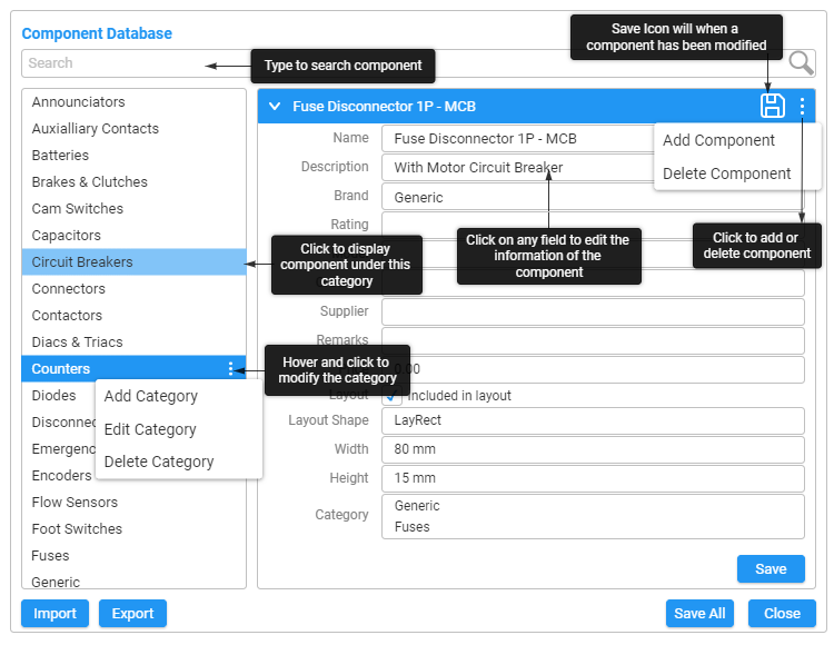 New component database window New component database window